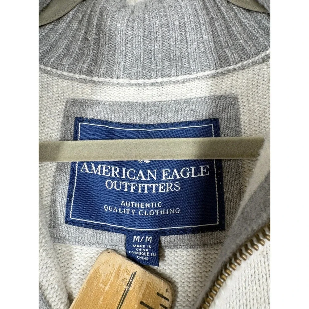American Eagle Mens Quarter Zip Sweater M Grey Cream Knit Preppy Old Money